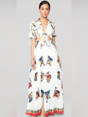 L'ATISTE White Printed Tie-Front Maxi Dress with Red & Blue Accents
